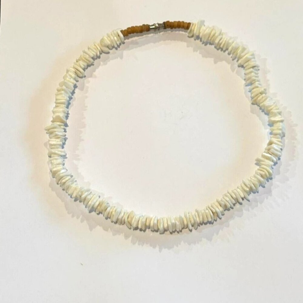 White Puka Shell Choker Necklace Brown Accent Beads – Surfer Boho Unisex